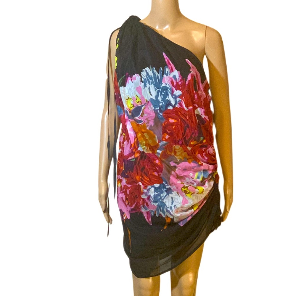 Black Floral One Shoulder Rouched Dress US Womens Size 10